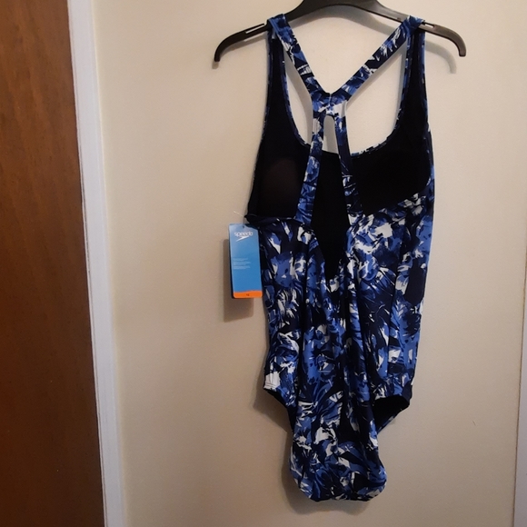 Speedo Blue White and Navy Palm Leaf Print Swimsuit One Piece - Picture 9 of 16